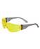 A pair of sunglasses with a grey frame and yellow lenses, featuring a logo on the arm.