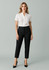 A pair of women's mid-waist slim leg pants in black, styled with a white shirt and featuring a logo.