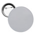 A round 44mm button badge in white with a silver backing and a clasp for pinning.
