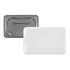 A rectangular button badge in white with a silver backing and safety pin attachment.