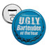 A drink bottle opener with a silver backing and a blue button badge on the front featuring text and a logo.