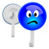 A blue button badge featuring a sad face design, with a white hook on the back and a branding logo.