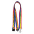 A vibrant rainbow-coloured lanyard with a clip and a logo, featuring a repeating text pattern.