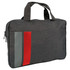 A grey satchel bag featuring red and grey accents, with dual handles and a zippered closure. It has a logo.
