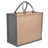 A jute tote bag in natural and grey, featuring a wide gusset and dual handles, with a logo visible.