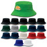 A range of bucket hats in various colours, including green, black, navy, white, and red, with a logo on one.