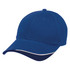 A blue cap with a curved brim and contrasting trim, featuring a logo on the front.