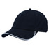 A black cap featuring white piping along the peak and a branded logo on the front.