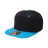 A black snapback cap with a blue brim, featuring a logo on the front.
