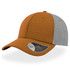 A cap featuring a brown crown and grey back, with a mid visor and a logo on the side.