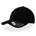 A black cap with a mid visor and a logo on the side.