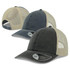 A range of trucker caps featuring a dark grey front and beige mesh sides, with one cap showing the back view.