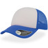 A blue trucker cap with a curved visor and a mesh back, featuring a logo on the side.