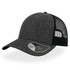 A black and grey cap with a mid visor and mesh back, featuring a logo on the side.