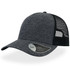 A grey cap with a black mesh back and a curved visor, featuring a logo on the side.