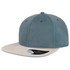 A cap featuring a teal fabric body and a cream flat brim, with a logo on the side.