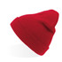 A red beanie with a folded cuff, featuring a simple design and a branding logo.