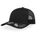 A black cap with a mesh back and a curved brim, featuring a logo on the side.
