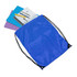 A blue drawstring bag with black cords, containing notebooks and stationery items.