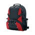 A black backpack with red accents, featuring multiple pockets and mesh side pouches. It has a logo on the front.