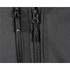 A close-up of black zippers on a black ultra-light shell jacket, featuring a logo on one pull tab.