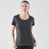 A fitted women's short sleeve tee in dark grey, featuring a round neckline and a logo on the side.