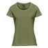 A green women's short sleeve tee with a round neckline and a logo on the label.
