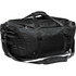 A black duffle bag with sturdy handles and a detachable shoulder strap, featuring a logo.