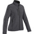 A women's soft shell jacket in dark grey with a high collar and multiple zippered pockets. Features a logo on the sleeve.