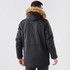 A black men's explorer parka with a faux fur-lined hood, featuring a logo on the sleeve.