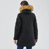 A black women's explorer parka featuring a fur-lined hood and a relaxed fit, with a branding logo visible.