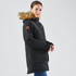 A black women's parka jacket featuring a fur-trimmed hood and a logo patch on the sleeve.