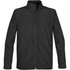 A black men's softshell jacket with a zip front and side pockets, featuring a logo on the sleeve.