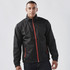 A black jacket with red zip and accents, featuring a logo, displayed on a model.