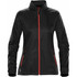 A women's rain jacket in black with red zippers and accents, featuring a stand-up collar and zippered pockets.