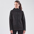 A black softshell jacket with a hood, featuring multiple zippered pockets and a logo.