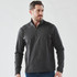A men's dark grey 1/4 zip pullover jumper with a logo, featuring long sleeves and a collar.