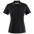A black women's cotton polo shirt with a collar and button placket, featuring brand logo.