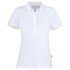 A white women's cotton polo shirt with a collar and a button-up front. It features a logo on the side.