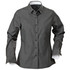 A dark grey button-up blouse with long sleeves and contrasting white cuffs. Features a collar and a front button placket.