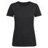 A black women's crew neck t-shirt featuring short sleeves and a logo on the side.