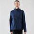 A navy women's softshell jacket featuring a zip front and a high collar, with side pockets and a logo.