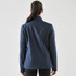 A navy blue softshell jacket is displayed, featuring a simple design and a logo on the back.