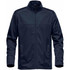 A navy blue men's softshell jacket with a zip-up front and side pockets, featuring a logo.