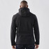A black softshell hoody for men, featuring a hood and a sleek design, viewed from the back.