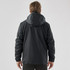 A black men's jacket with a hood, featuring a simple design and a logo on the back.
