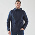 A navy wind jacket features a hood, front zip, and a logo on the chest, worn by a smiling man.