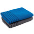 A reversible two-tone towel in blue and grey, stacked with decorative stripes. Features a logo.