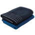 A reversible two-tone towel featuring navy and blue colours with grey stripes along the edges. Contains branding.