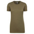 A short-sleeved women's t-shirt in olive green with a crew neckline and a branded label.